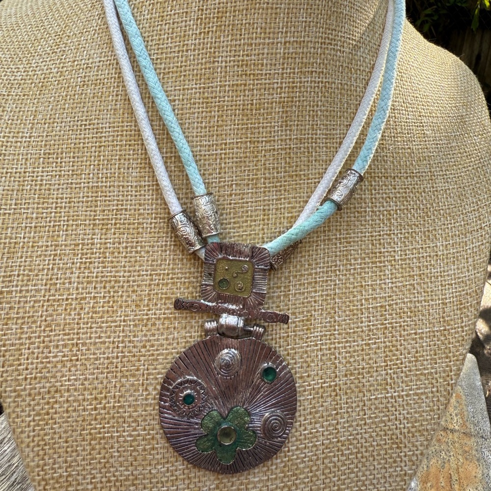 Artisan Pendant Necklace with Silver and Green Accents